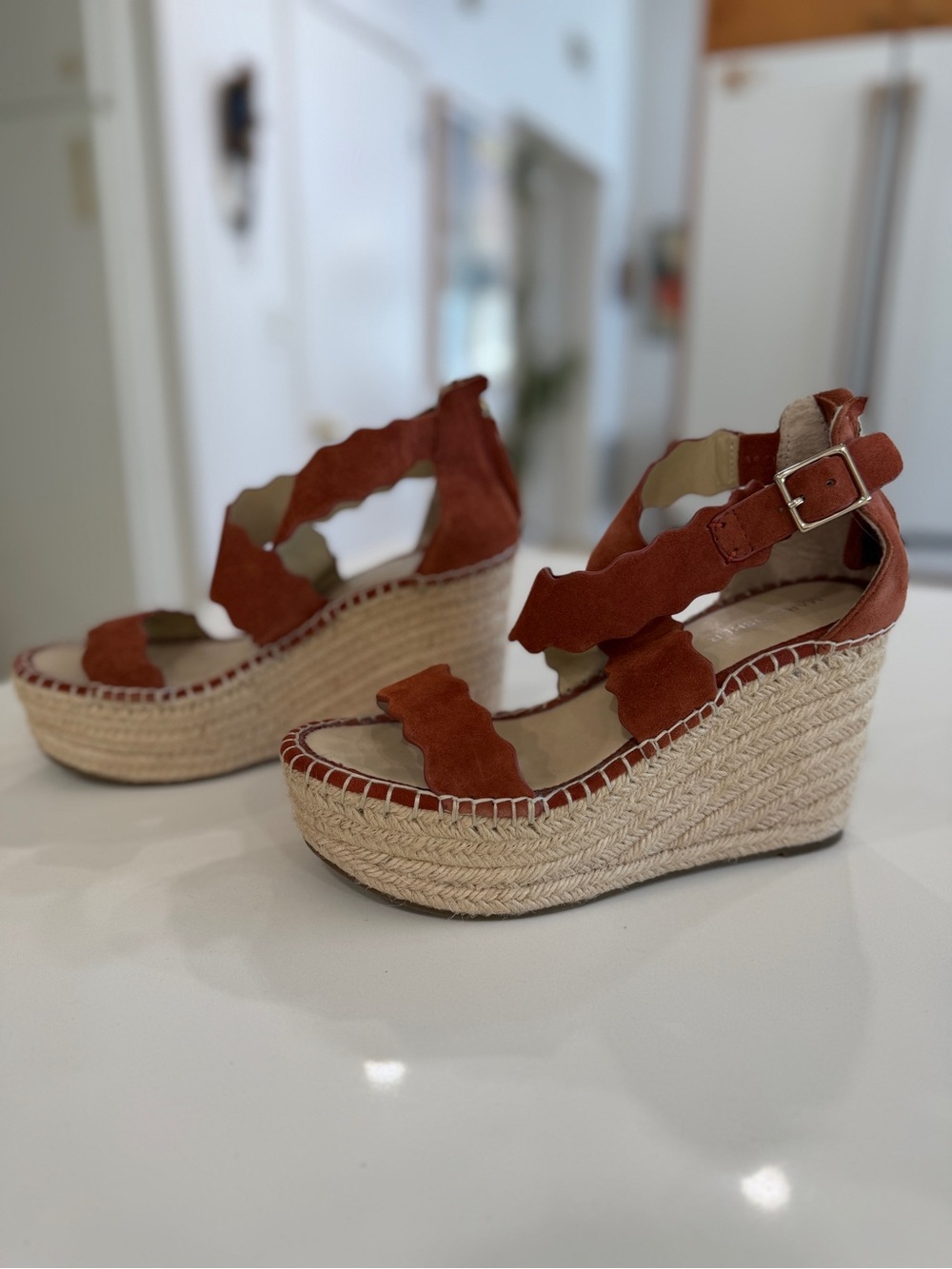 Marc Fisher Rust Suede Scalloped Espadrille Wedges